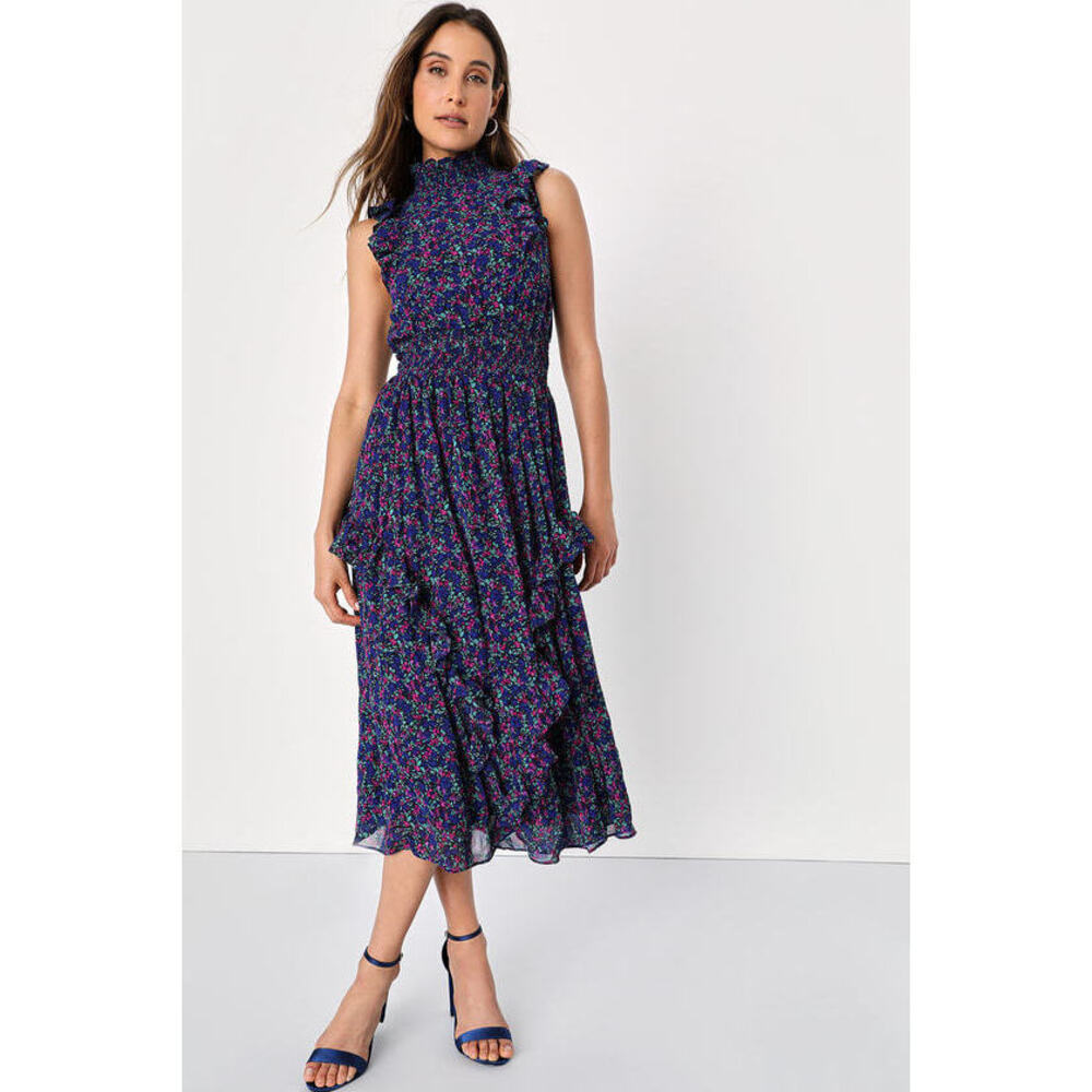 Lulus Evalina Navy Blue Floral Print Mock Neck Midi Dress